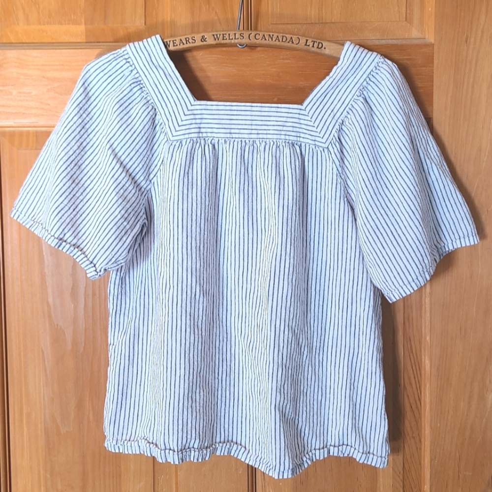 Striped White and Blue Women's GAP Top XS Cotton Linen Blend Coastal Cowgirl